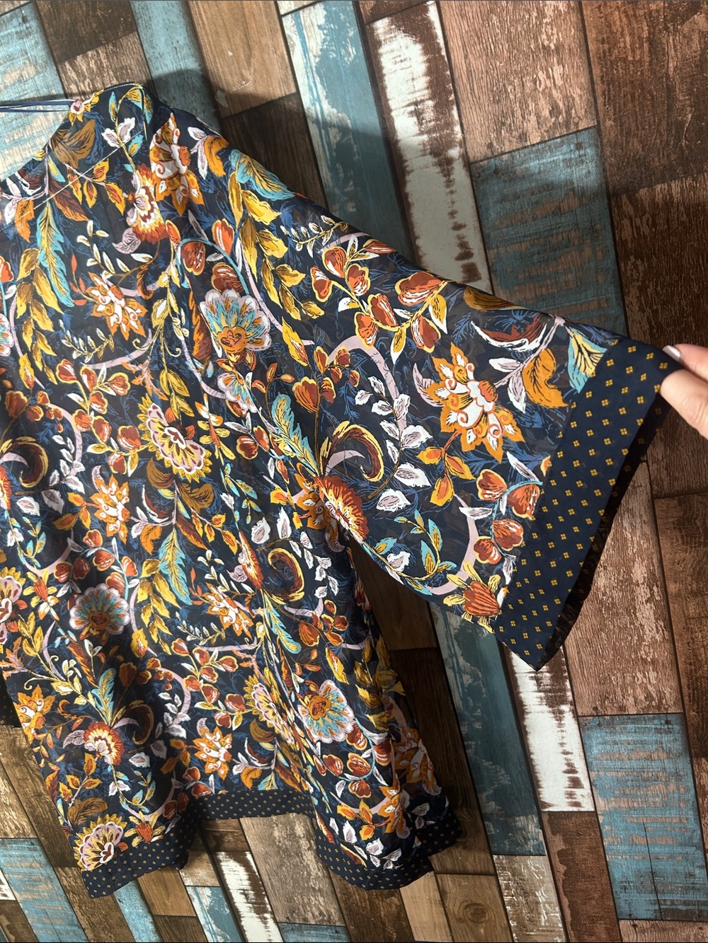 Christopher & Banks Navy Floral Open-Front Kimono with Mustard & Rust Accents - Picture 13 of 14